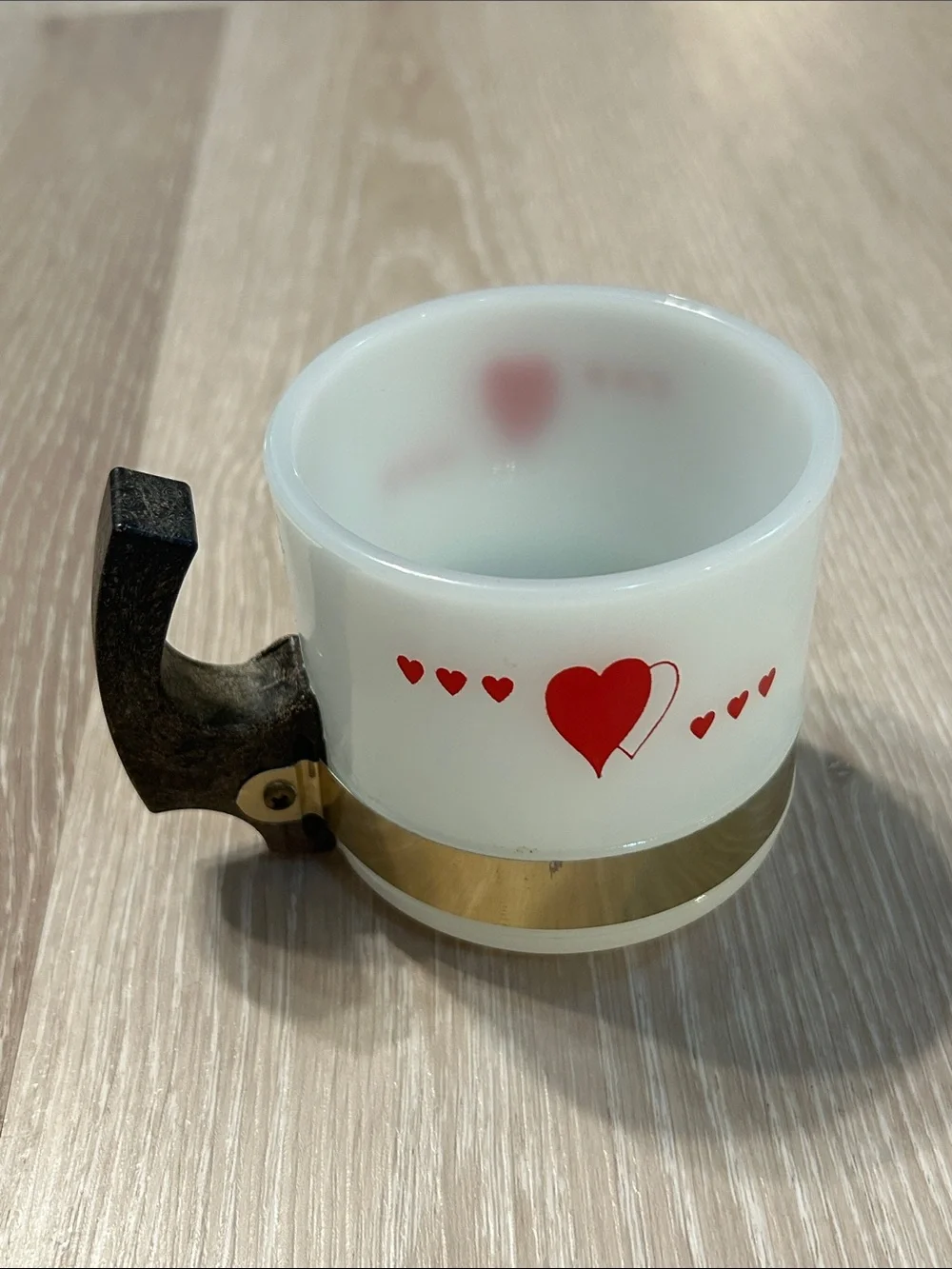 Siesta Ware Vintage Playing Cards Hearts Motif White Milk Glass Mug Wood Handle